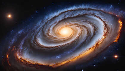 spiral galaxy with bright core and swirling dust clouds in space