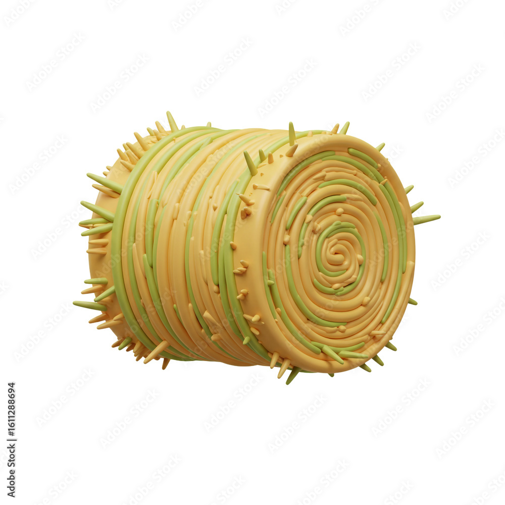 Poster a stylized cylindrical form featuring layers of yellow and green with protruding textured elements s