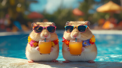 Two cute fat hamsters in sunglasses and Hawaiian flower necklace drinking orange juice in glass glasses by the pool during vacation.