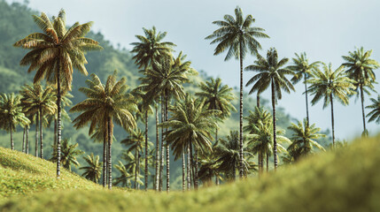 Naklejka premium A view of a lush tropical landscape with many palm trees and a mountain in the back