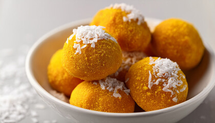 anti inflammatory golden turmeric and ginger energy bites stacked in a small white bowl dusted with shredded coconut
