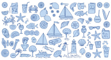 Sunny Summer Vacation Doodle Set Sea Travel and Holiday Hand-Drawn Icons