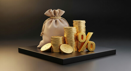 Gold coins stacked on black pedestal near money bag, percentage sign, illustrating financial growth, investment, interest, or savings concepts