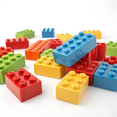 Fototapeta premium 3D-rendered colorful toy bricks in assorted shapes and sizes.