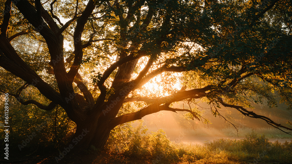 Poster sunlight streaming through the branches of a large tree in a misty forest landscape