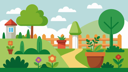 Fototapeta premium Vector art of a picturesque cartoon garden with a winding path, a small house, trees, and flowers under a bright sky with fluffy clouds