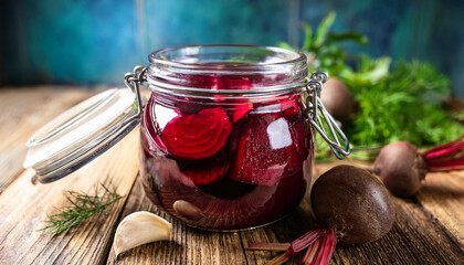 delicious homemade pickled beets in a glass jar with herbs on a rustic background generative ai