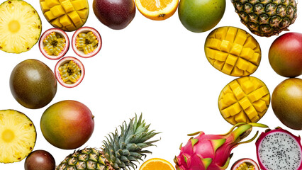 Top-down flat-lay of colorful tropical fruits on white background with copy space