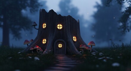 Whimsical Tree Stump House in Enchanted Forest with Glowing Windows