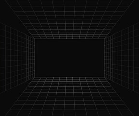 Futuristic Perspective Wireframe Grid in y2k style. Wireframe with thin grey Grids on black Background. Modern dark banner with empty space for advertising or product display. Vector illustration.