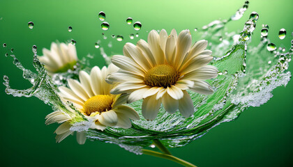 captivating floral essence captured in a splash of refreshing water against a vibrant green backdrop generative ai