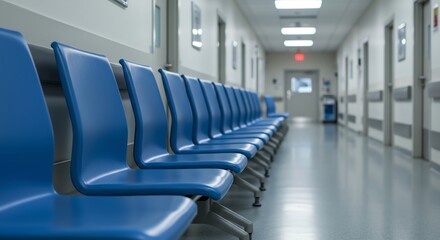 Fototapeta premium Empty Blue Hospital Chairs in Modern Medical Corridor