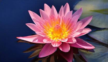 a vibrant pink water lily with delicate petals and a striking yellow center