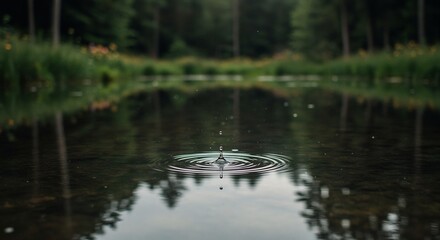 A single water drop falls into a tranquil pond, creating ripples on the reflective surface.