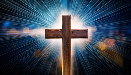abstract background with central wooden cross and radiant divine energy