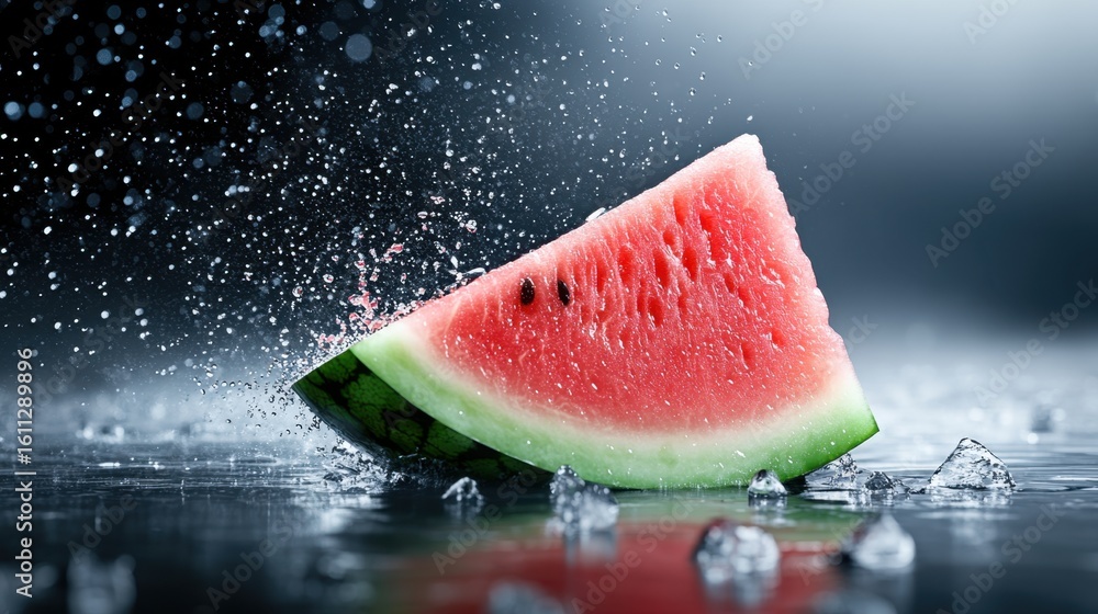 Poster refreshing slice of watermelon with splashing water and ice cubes