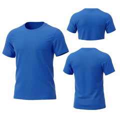 A vibrant blue t-shirt mockup showcasing front back and top views perfect for apparel design and product presentations.