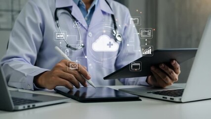Doctor using tablet with cloud computing and file management icons in modern office setting scene - Powered by Adobe