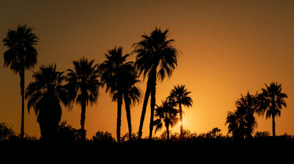 Obraz premium Silhouette of palm trees against a vibrant orange and yellow sunset sky view scene