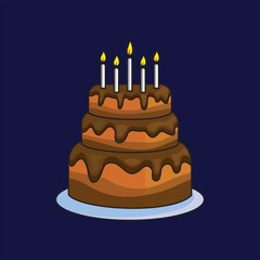 Chocolate Birthday Cake Illustration with Candles on Dark Background
