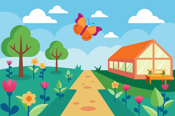 Fototapeta premium Autumn landscape illustration of houses and trees in a village