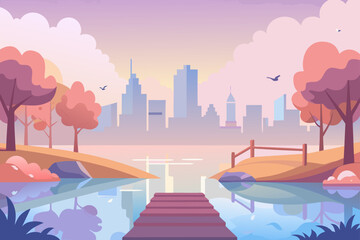 Fototapeta premium Vibrant urban cityscape at dawn, featuring a sprawling city skyline with modern architecture, towering skyscrapers, and a tranquil river flowing through the bustling downtown