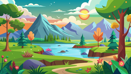 Fototapeta premium Vector art of a breathtaking mountain vista with a clear river, rolling green hills, and trees, under a sky painted with the warm hues of sunrise