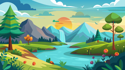 Obraz premium Vector art of a vibrant cartoon landscape unfolds with majestic mountains, a winding river, and lush greenery under a colorful sunset sky