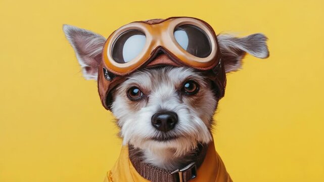 The adorable dog is wearing goggles and a pilot's uniform, ready for an imaginary flight. A whimsical scene that combines the love of animals with the spirit of adventure.