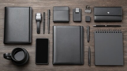Obraz premium Black leather workspace with minimal office supplies, clean and professional arrangement. Sleek and organized productivity.
