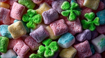 Macro CloseUp of Colorful Lucky Charms Marshmallows with Green Clover Shapes