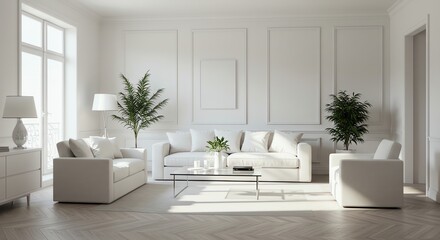 Fototapeta premium Bright Modern Living Room with White Sofa and Large Windows in Minimalist Style