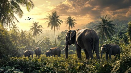 Majestic Asian elephants traverse through lush jungle habitat at golden hour