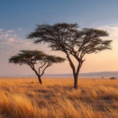 Serene Sunset Over African Savannah with Acacia Trees and Golden Grass