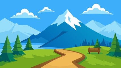 Winding road through a summer mountain landscape under a blue sky with green trees and a distant valley view