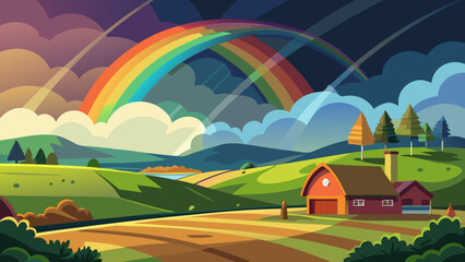 Fototapeta premium Vector art of a vibrant rainbow arches over rolling hills and a quaint farmhouse after a storm, illuminating the countryside with colorful light