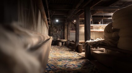 Interior view of a traditional rug loom workshop.