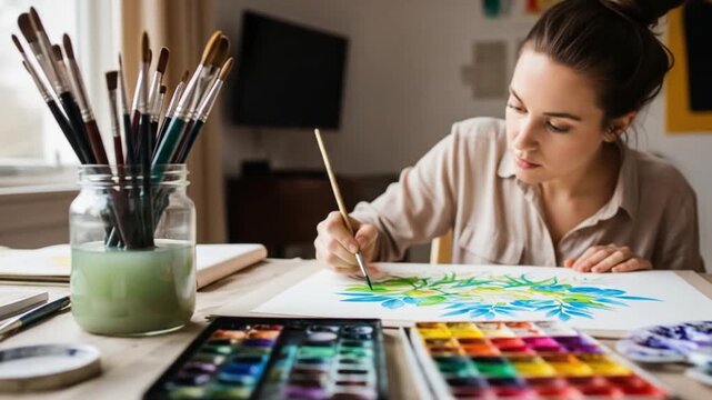 Focused Young Woman Engaged in Watercolor Painting at Home, Expressing Creativity and Artistic Passion with Colorful Art Supplies