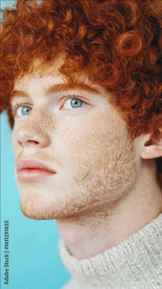 Poster stylish red-haired man with beard looking intently at viewer.