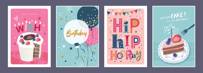Set of lovely birthday cards design with cakes, balloons and typography design.  © LittleWhale