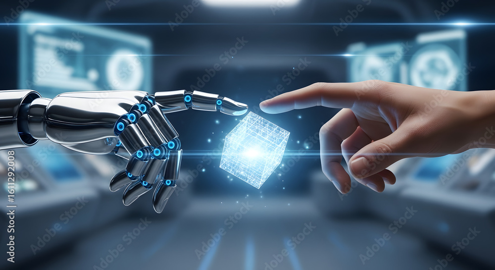 Poster human and artificial intelligence collaboration connecting through digital interface