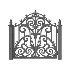 Ornate vintage gate illustration with intricate scrollwork. Hand-forged design from a traditional blacksmith, isolated vector element.