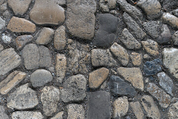 old cobblestone path with irregularly shaped stones and natural wear