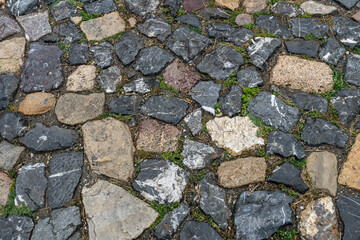 old cobblestone path with irregularly shaped stones and natural wear