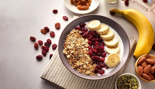 healthy breakfast ideas with smoothies cereal dried cranberries and banana