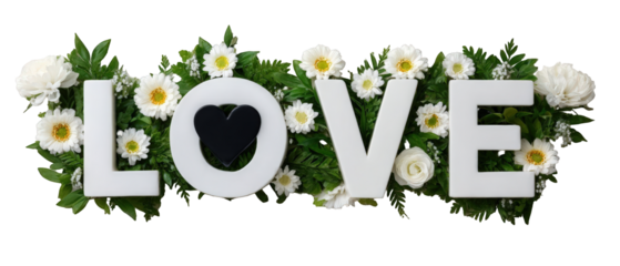 White letters spelling 'LOVE' surrounded by white daisies and green foliage on a neutral background
