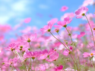 青空に揺れる満開のコスモス畑