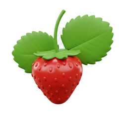 A vibrant rendering of a ripe strawberry with green leaves and a stem, showcasing its juicy texture and natural beauty.