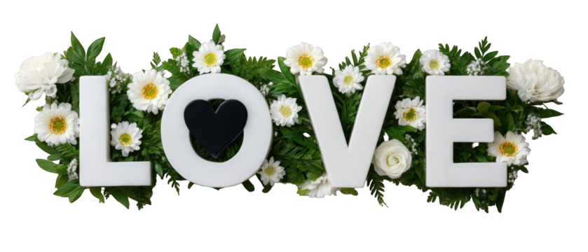 White letters spelling 'LOVE' surrounded by white daisies and green foliage on a neutral background