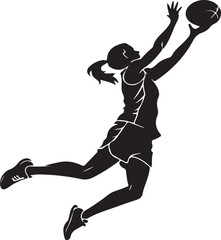 Silhouette of a female netball player in action reaching for the ball during a game